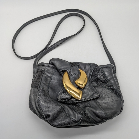 Vintage Black Gold Patchwork Small Leather Shoulder Bag - Picture 1 of 11